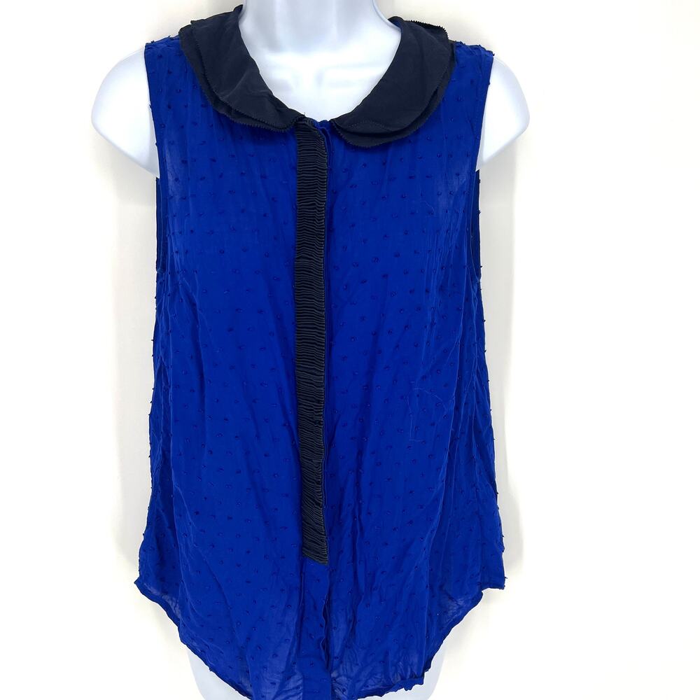 Anthropologie Postmark Sleeveless Collared Swiss Dot Royal Blue & Black SilkTop